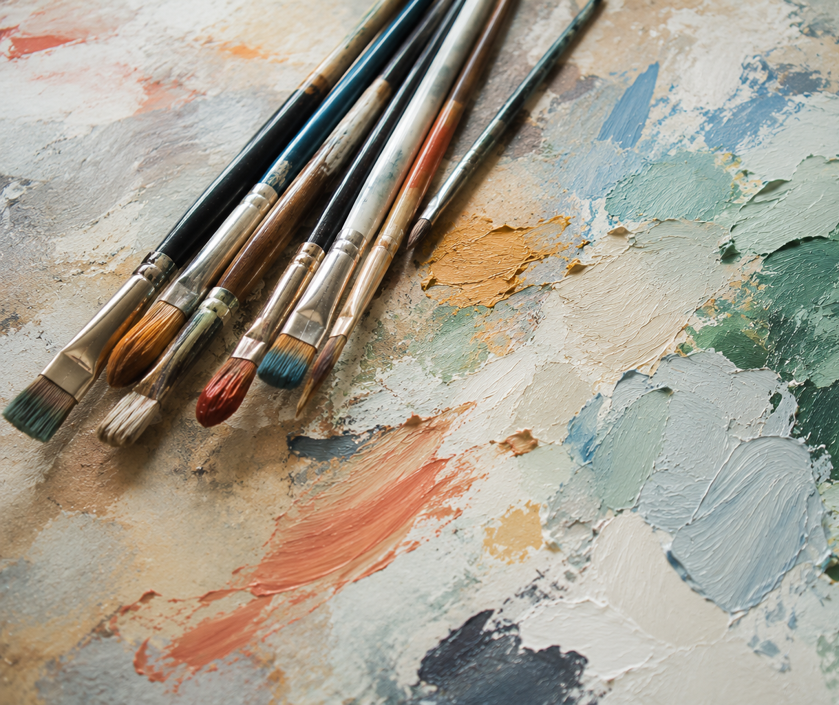 Artist paintbrushes resting on a palette covered with mixed paint