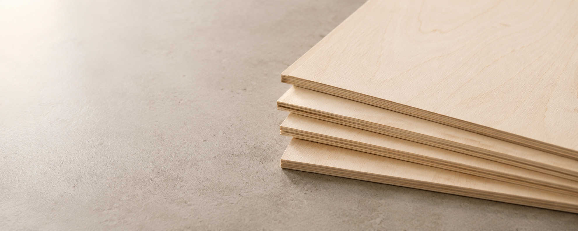 Stacked unfinished birch panel boards showing their layered plywood edges