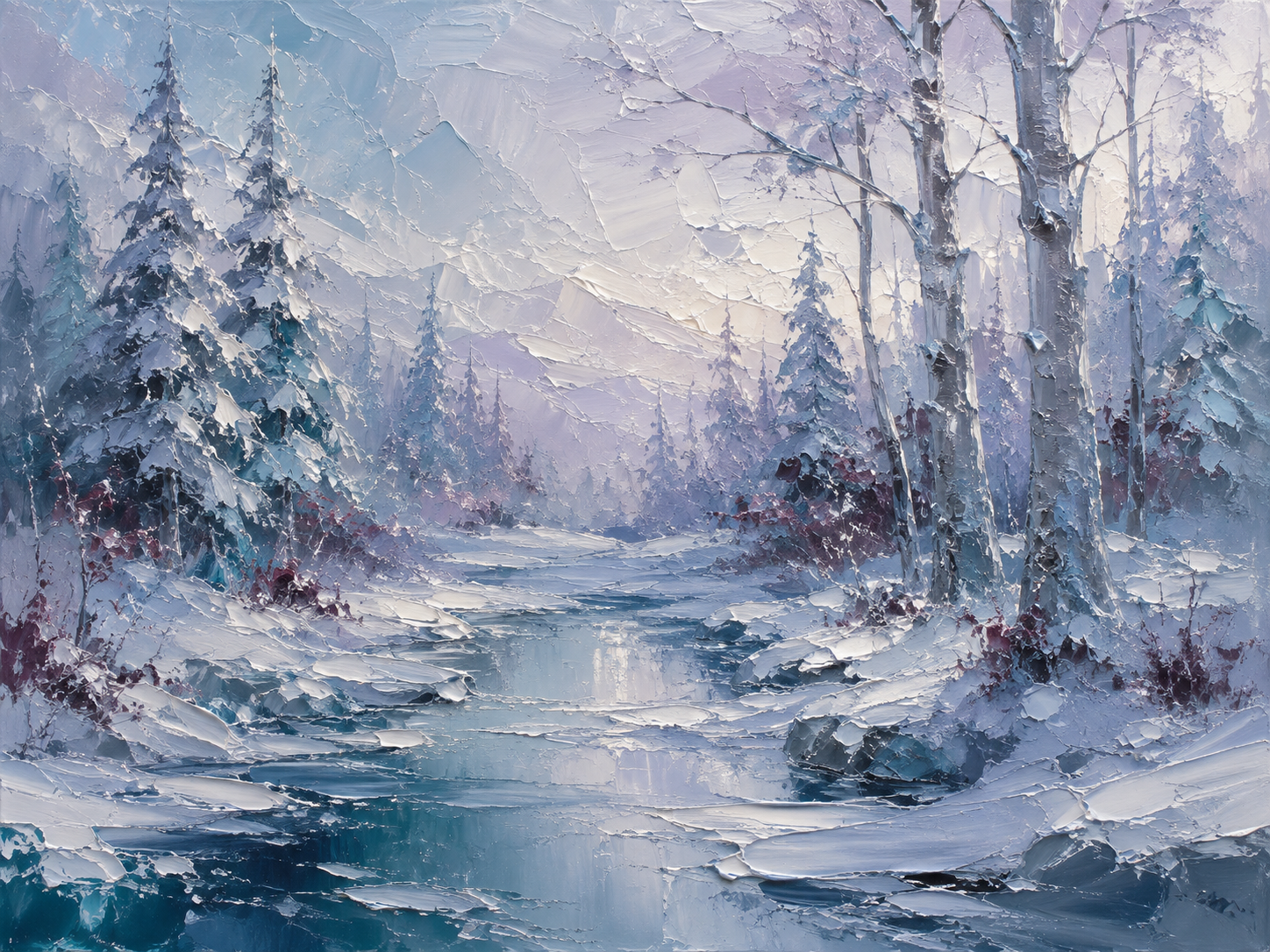 Apollon winter forest painting with snow-covered evergreen trees and a partially frozen stream