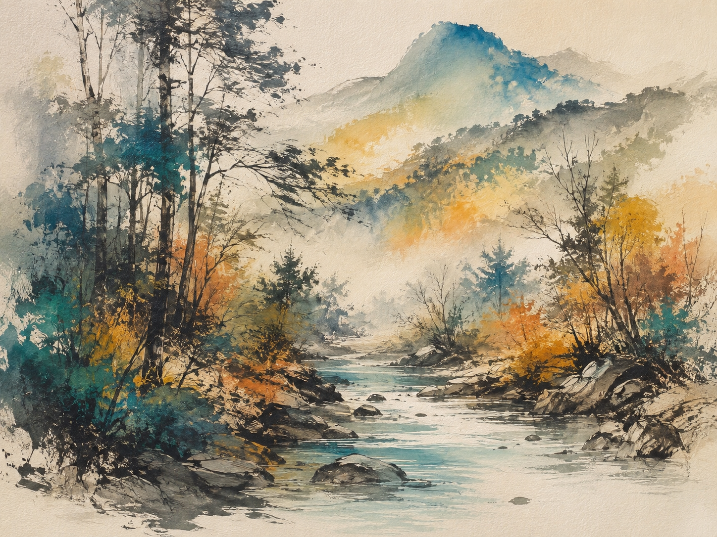Apollon watercolor-style mountain river painting with misty peaks and autumn trees in teal, ochre and orange