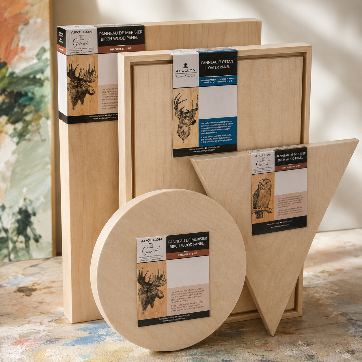 Unfinished Apollon wood art panels in rectangular, triangular and circular shapes