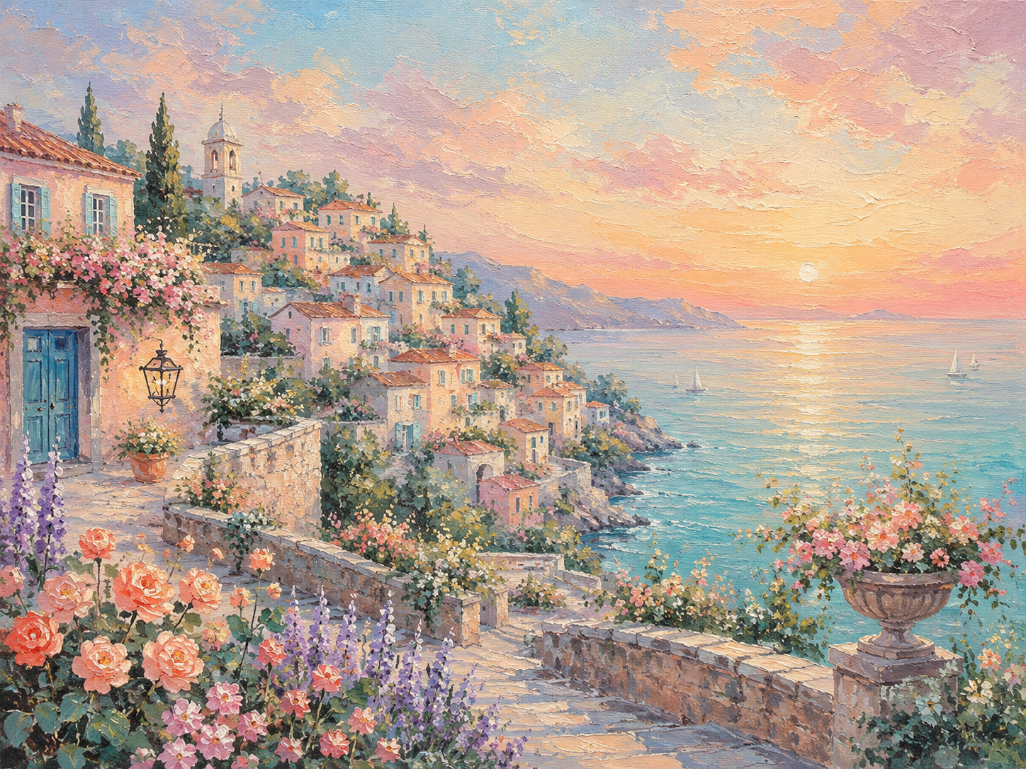 Apollon painting of a Mediterranean coastal village with flowers, sailboats and a pastel sunset