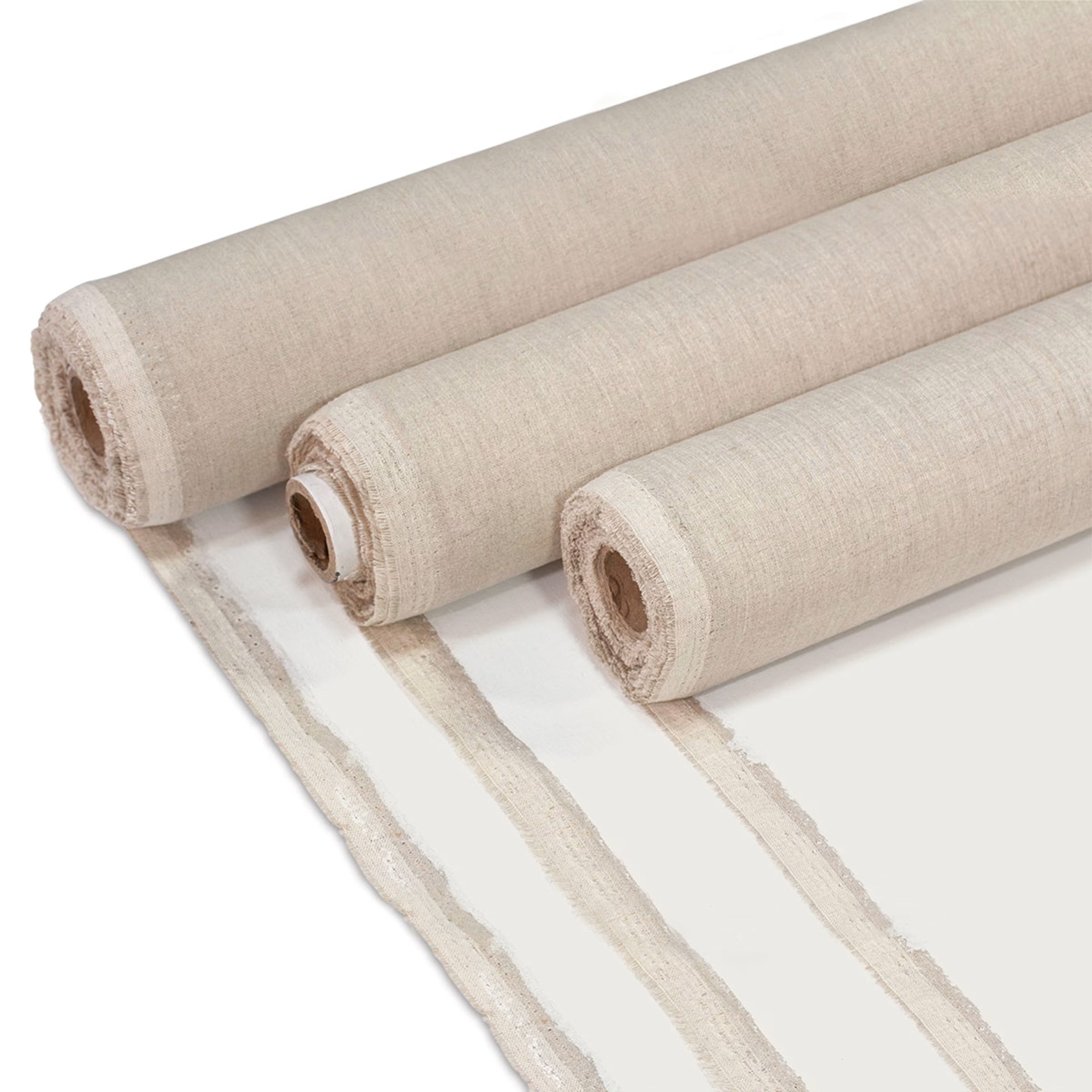 Three rolls of natural artist canvas fabric displayed on a white background