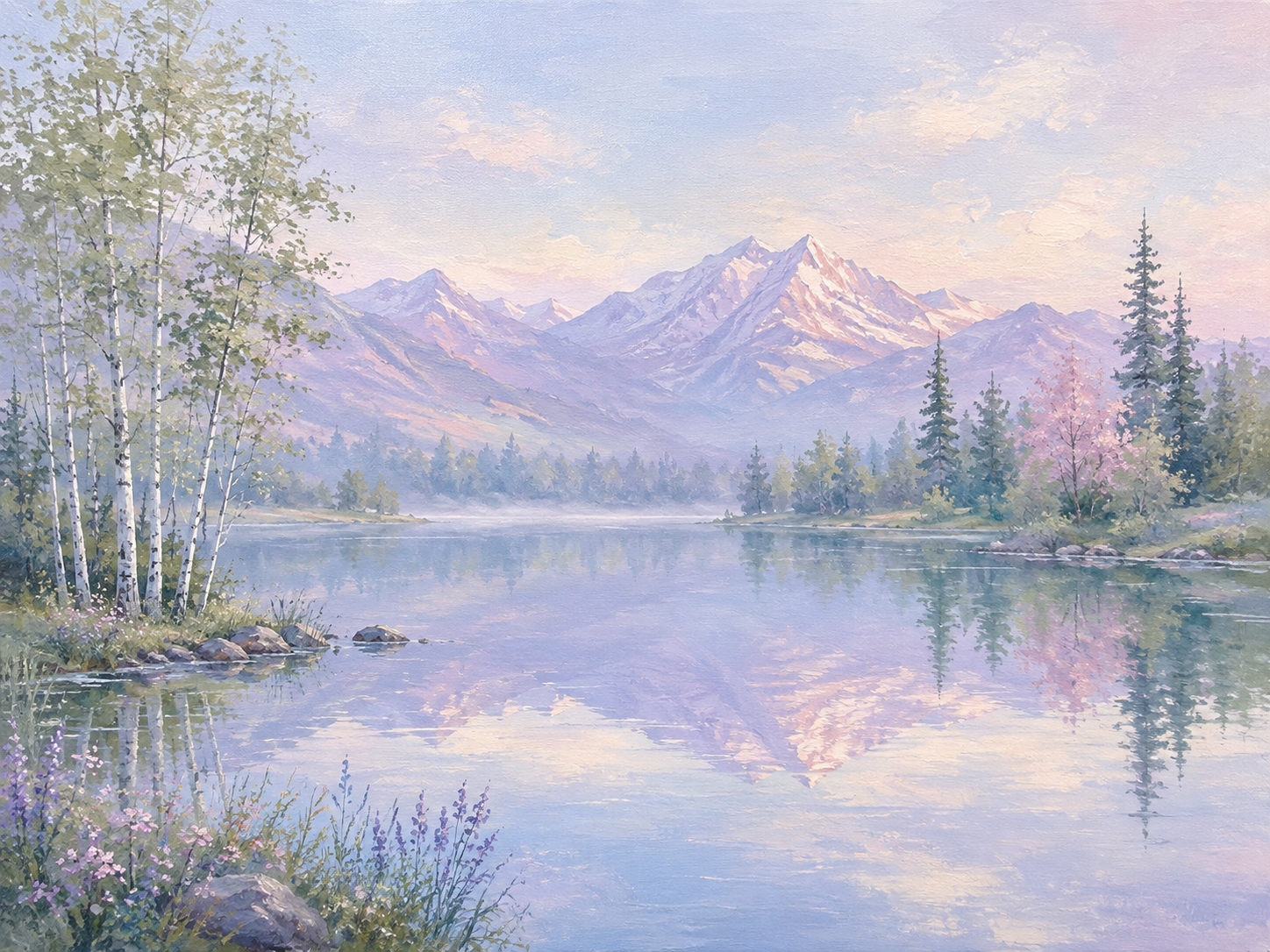 Apollon pastel landscape painting of snow-capped mountains reflected in a calm lake with birch and evergreen trees