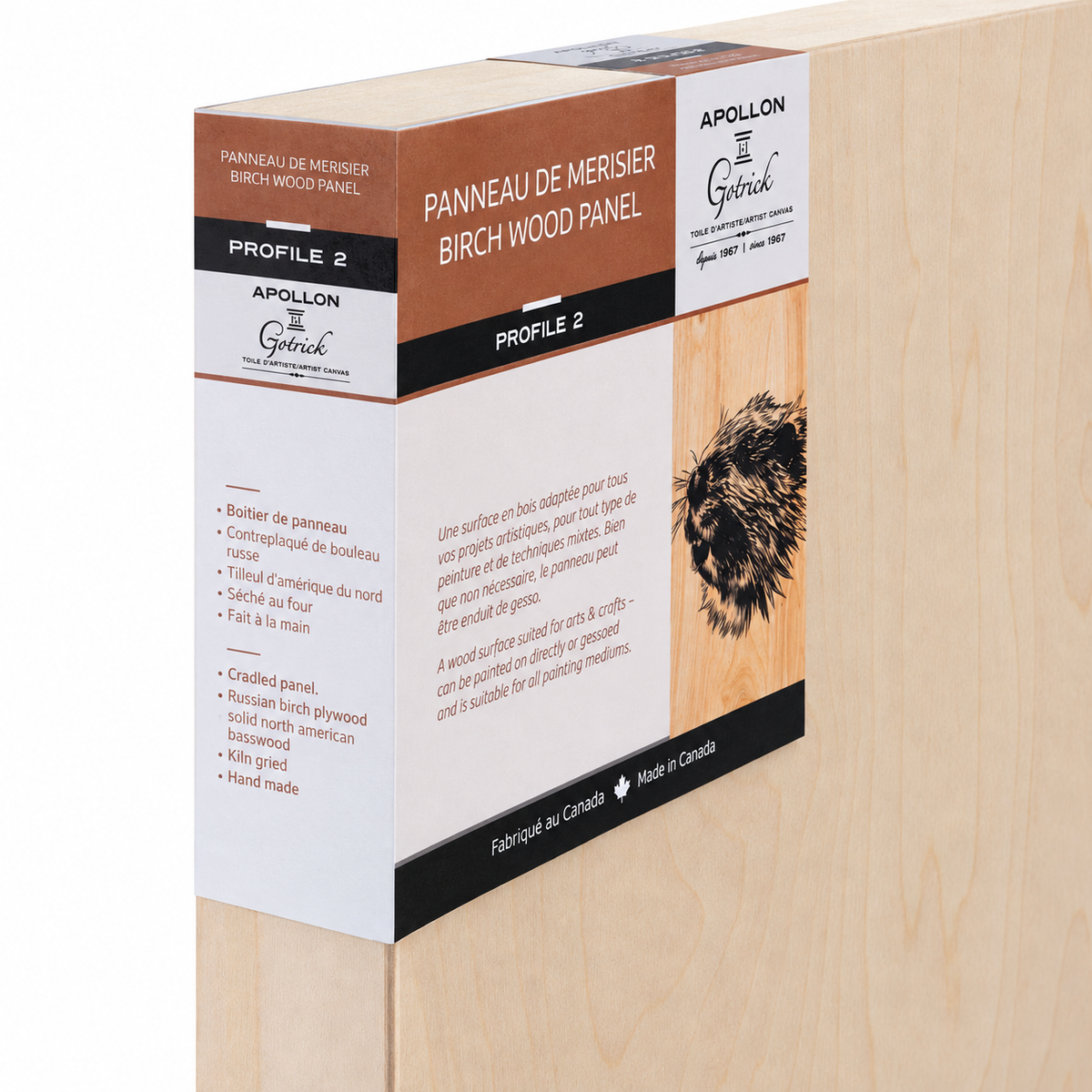 Apollon 2″ cradled birch wood panel, close-up of side profile and product label