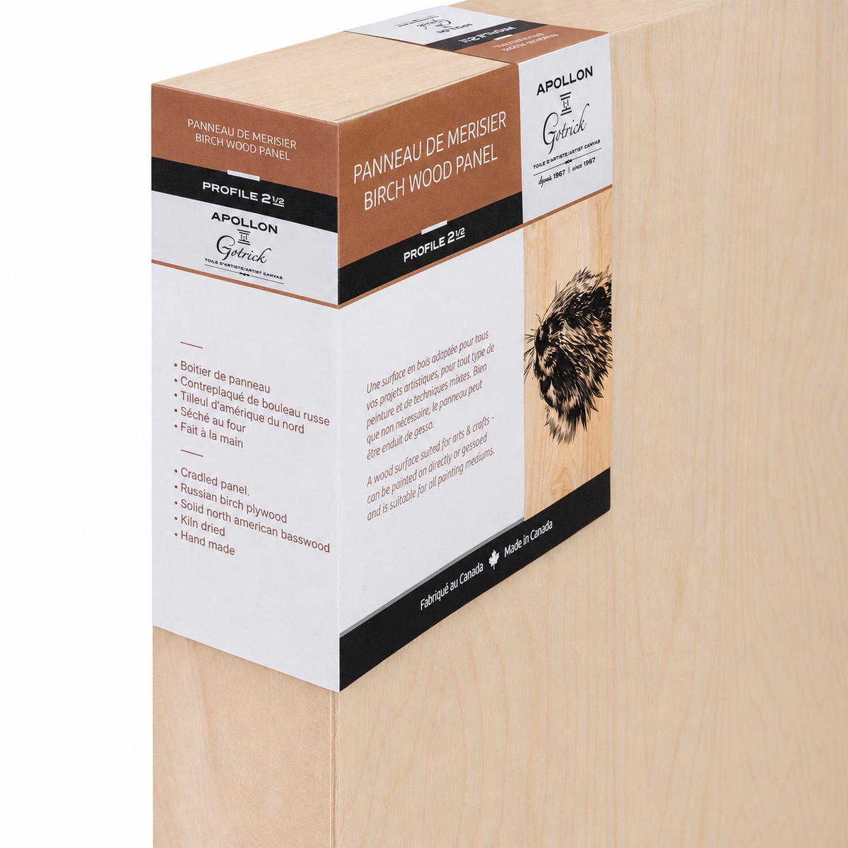 Apollon 2½″ cradled birch wood panel, close-up of side profile and product label