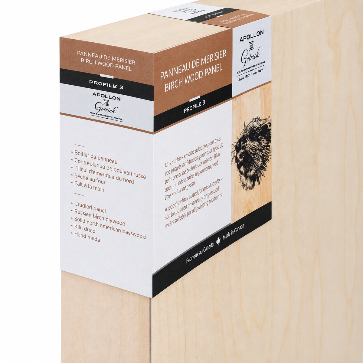Apollon 3″ cradled birch wood panel, close-up of side profile and product label