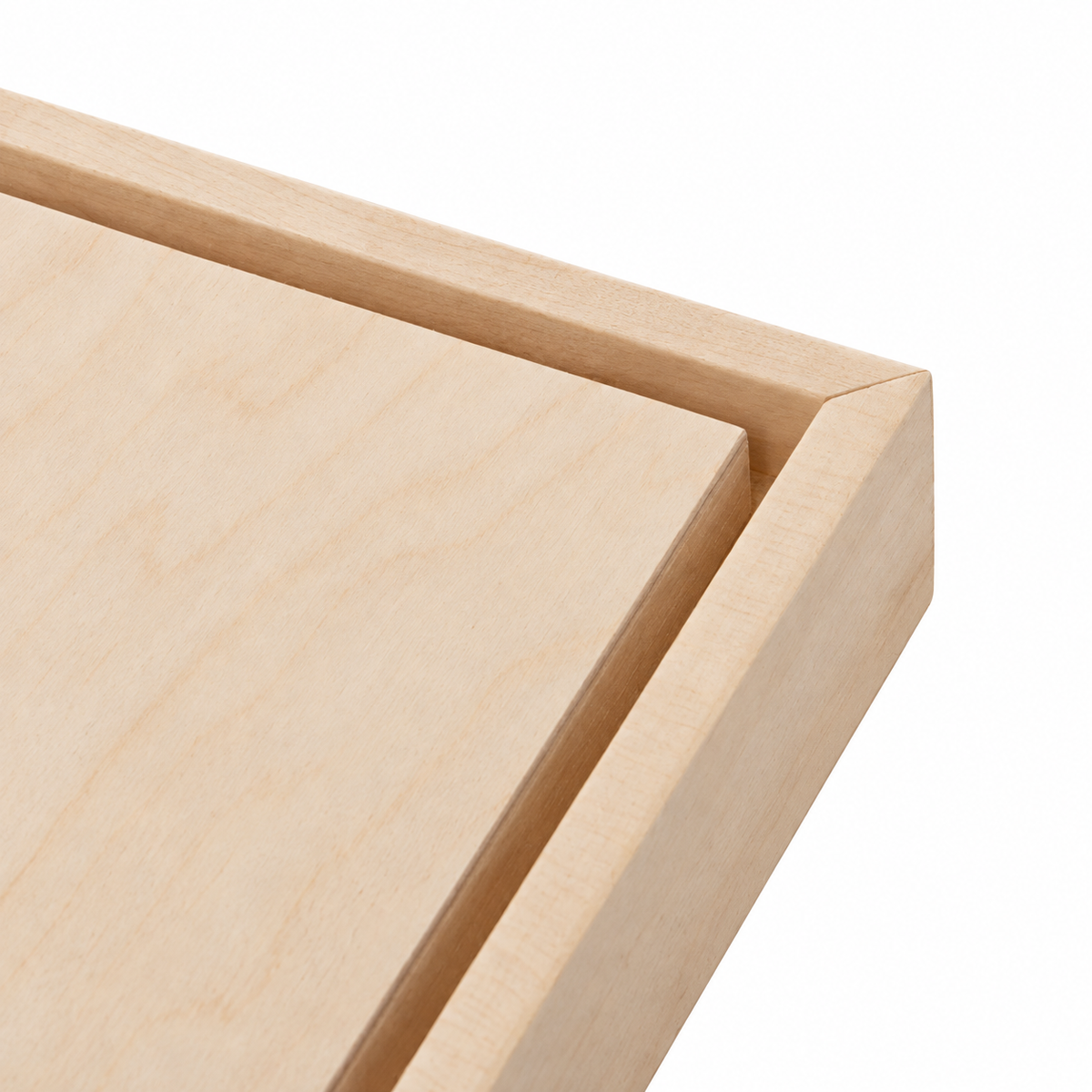 Apollon birch wood floater panel with natural wood frame, angled view