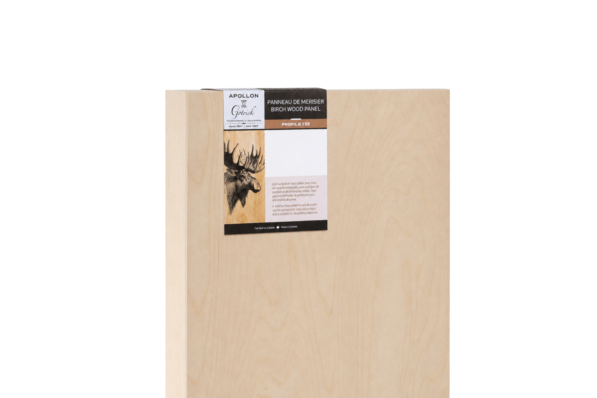 Natural birch wood panel with 1⅝ in cradled profile and Apollon Gotrick product label, front view on white background.