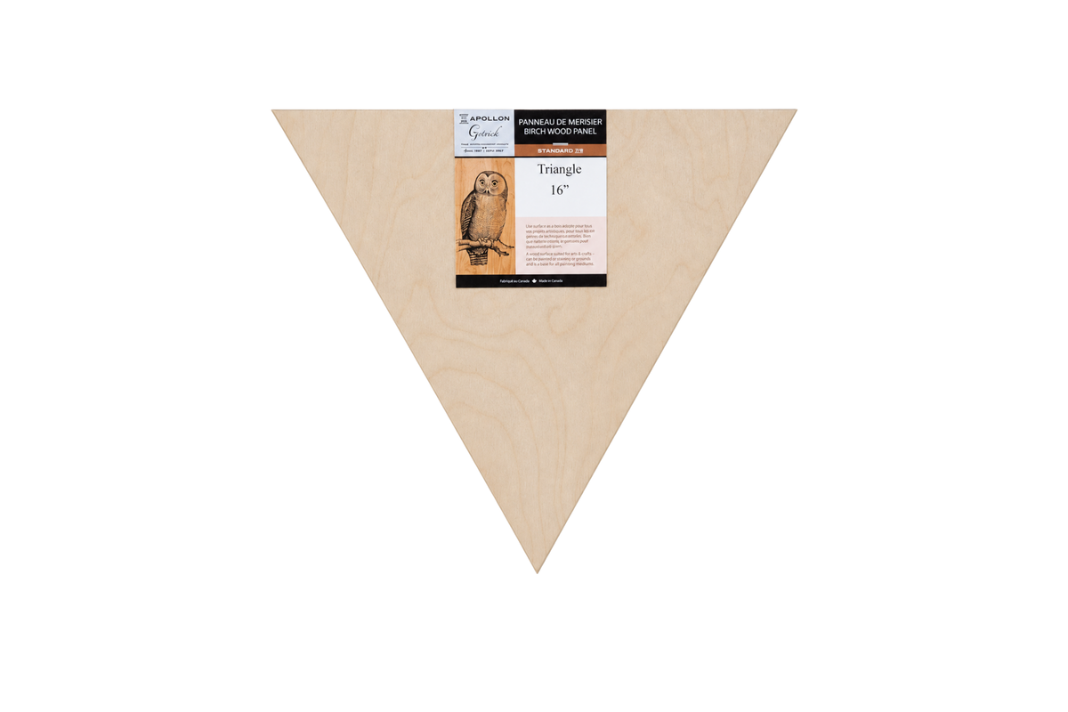 Natural birch wood triangular panel with ⅞ in standard profile and Apollon Gotrick product label, front view on white background.