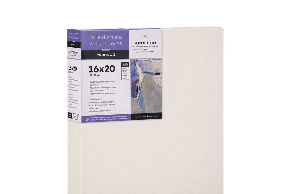 Apollon cotton canvas, 3″ deep profile, close-up of side profile and product label