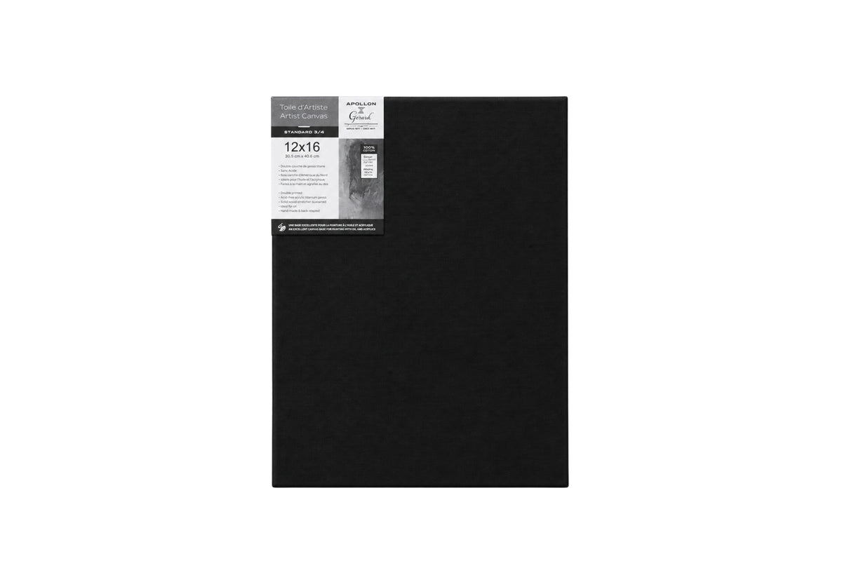 Black 12 × 16 in Apollon Gerstaecker artist canvas with product label, front view on white background.