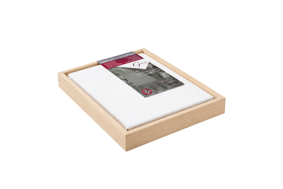 Apollon floating-frame canvas, ¾″ profile, natural wood frame, low angled view