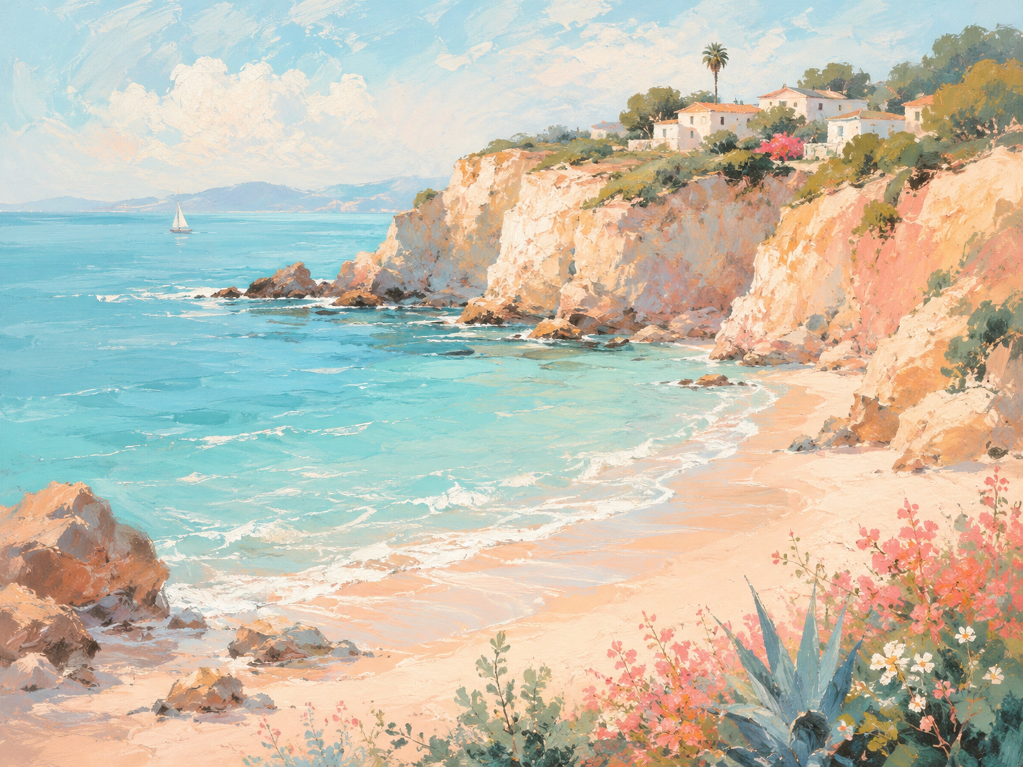 Apollon coastal painting of a sunny turquoise cove with peach cliffs, seaside homes, flowers and a sailboat