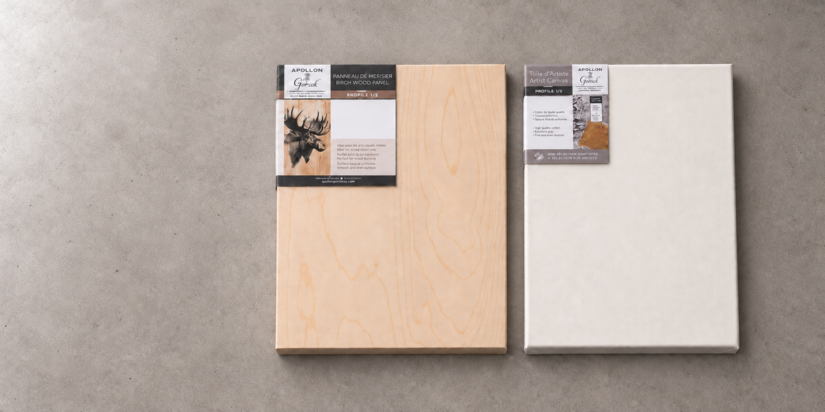 Birch wood panel and white stretched artist canvas displayed side by side.