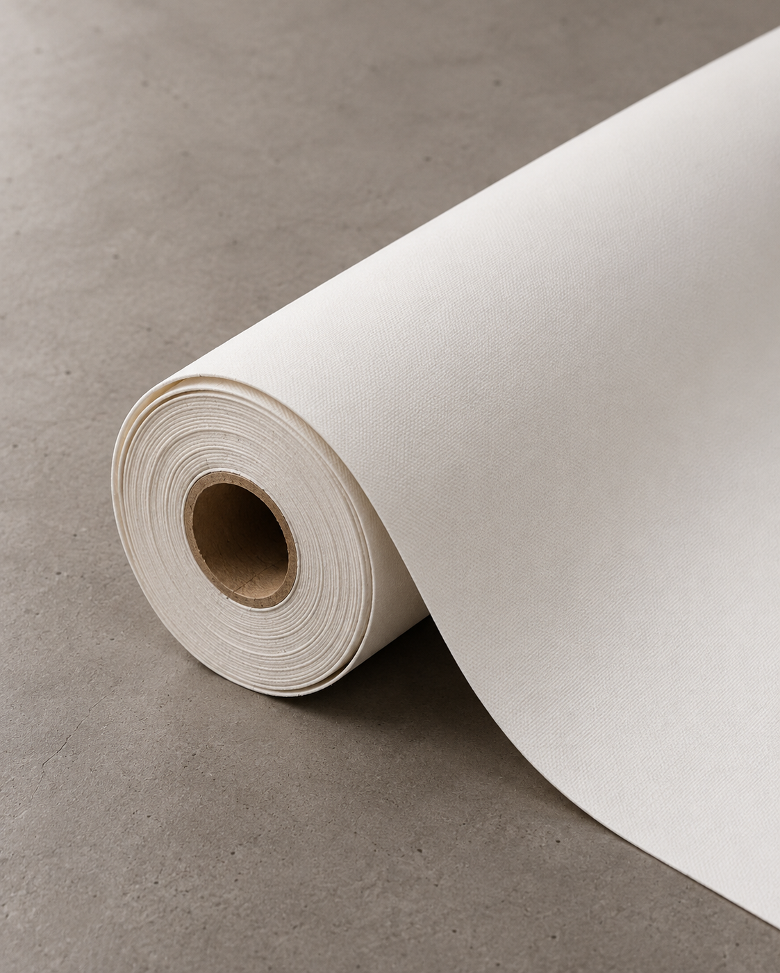 A roll of off-white cotton canvas partially unrolled on a neutral gray concrete surface.