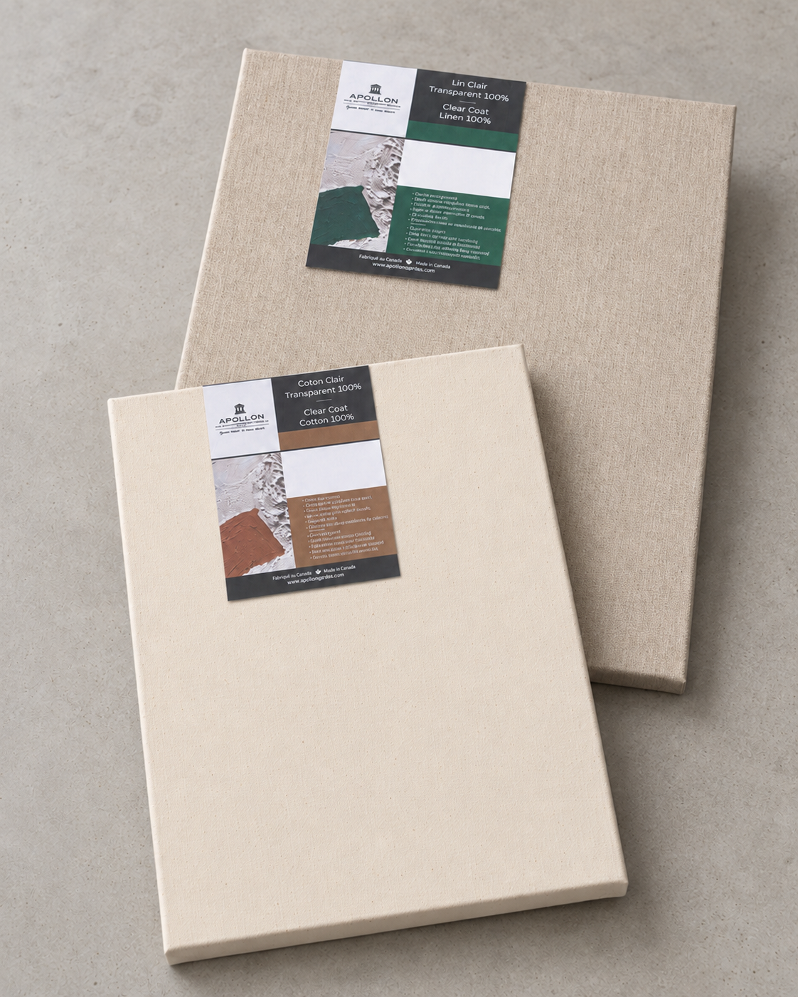 Clear coat artist canvases with Apollon product labels arranged on a neutral surface.
