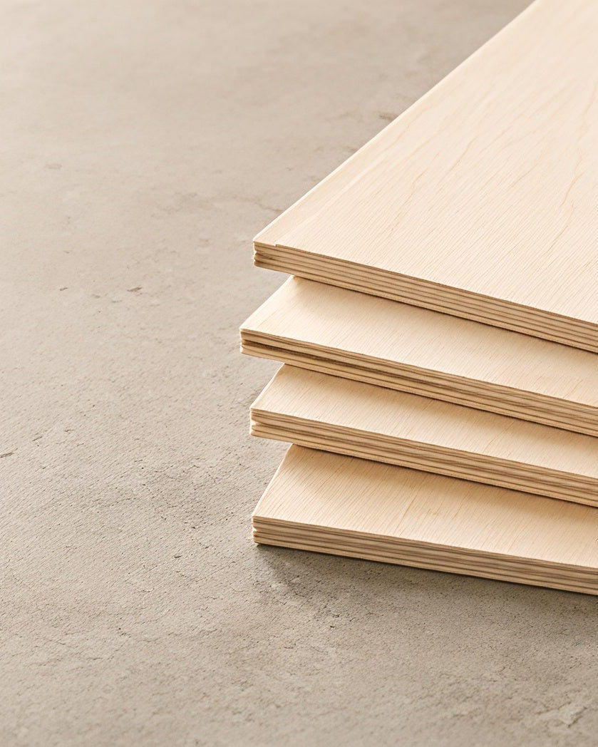 Une pile de feuilles de bois naturel clair disposées sur le côté droit d'une surface en béton gris texturé.