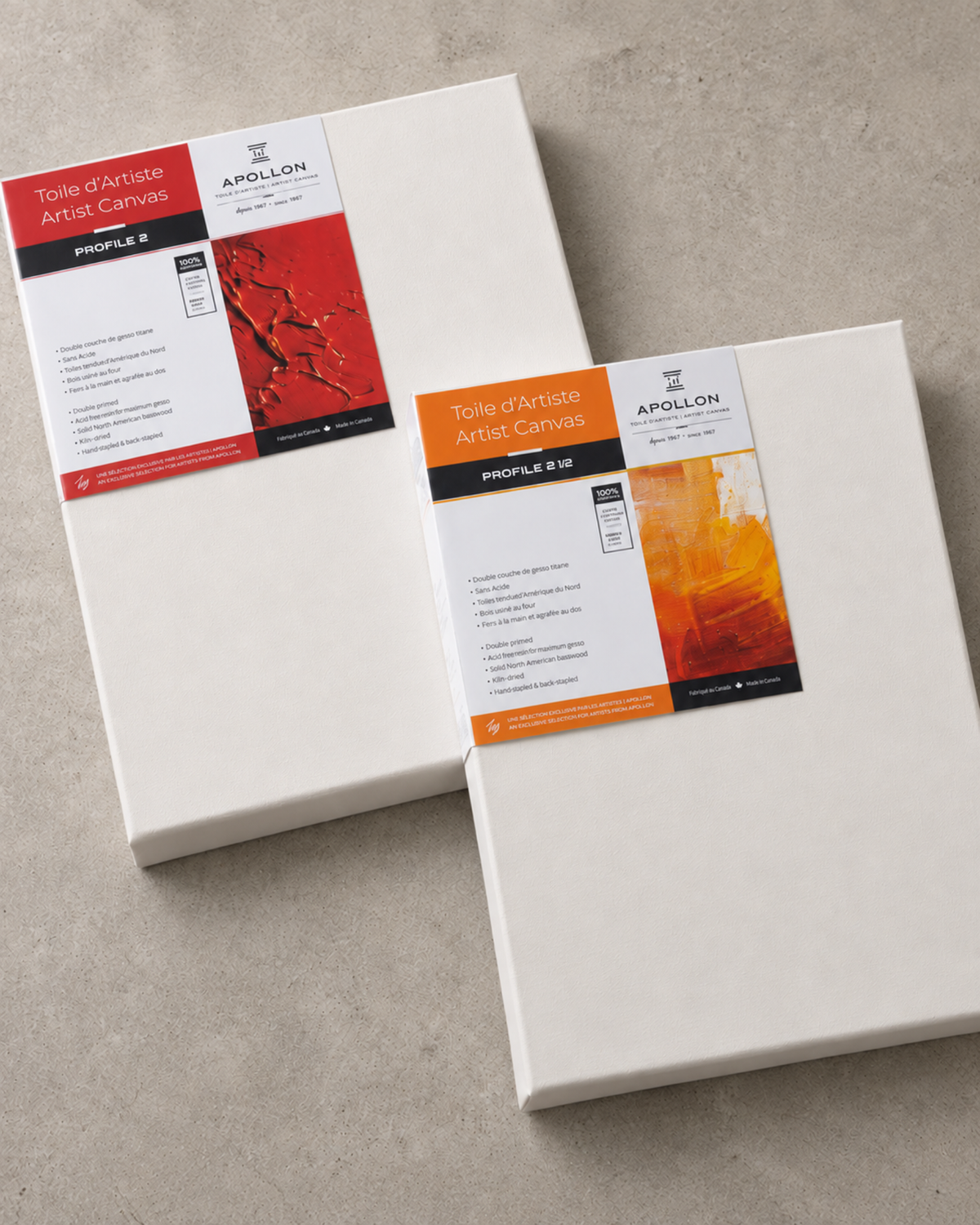 Deep-profile gallery canvases stacked with Apollon product labels.