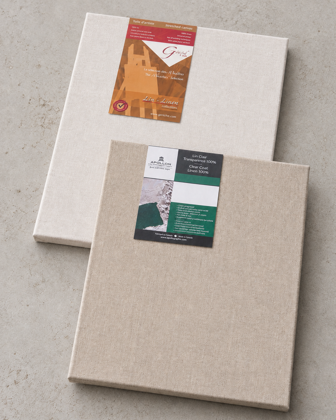 Stacked linen artist canvases with Apollon product labels on a neutral background.