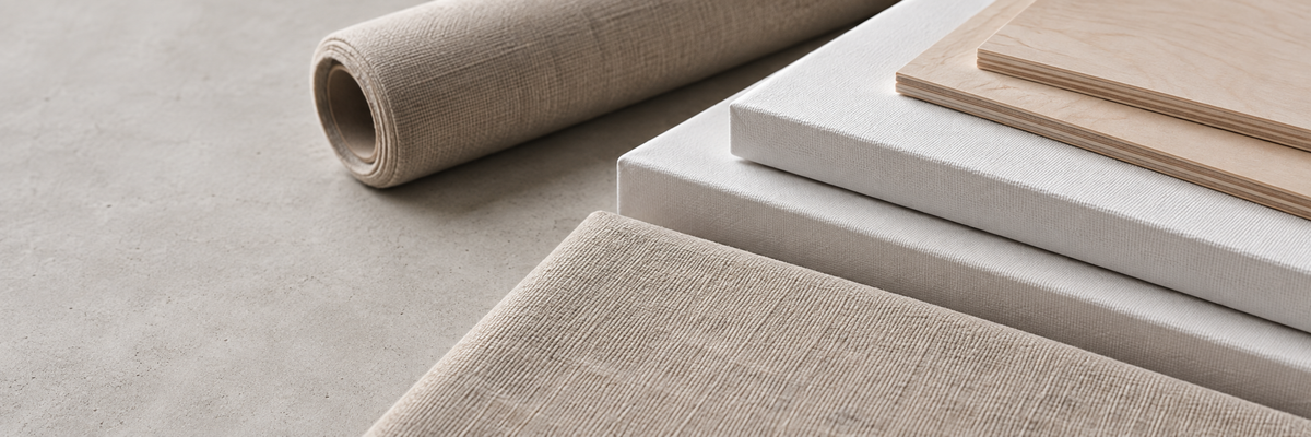 Rolled artist canvas beside stacked stretched canvases and birch panels on a neutral surface.