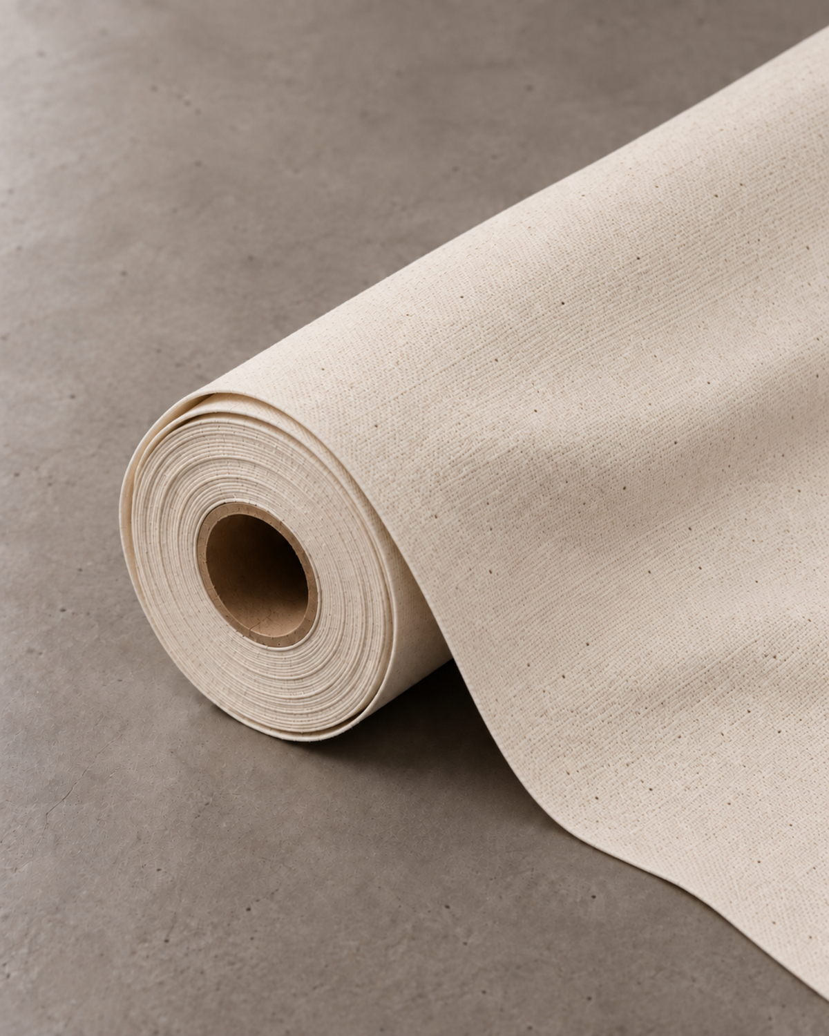 Roll of natural unprimed artist canvas partially unrolled on a concrete surface.