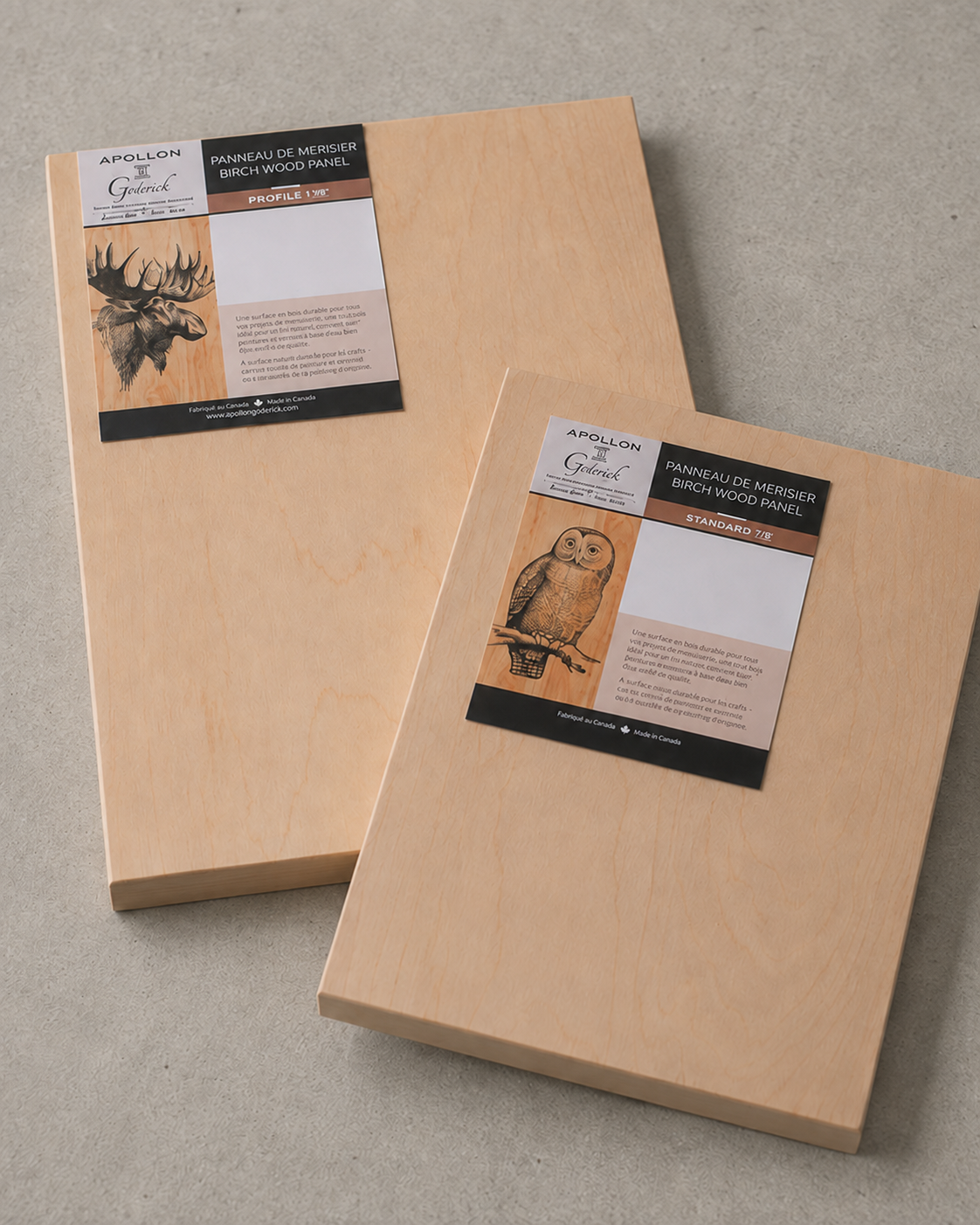 Birch wood artist panels with Apollon product labels arranged on a neutral surface.